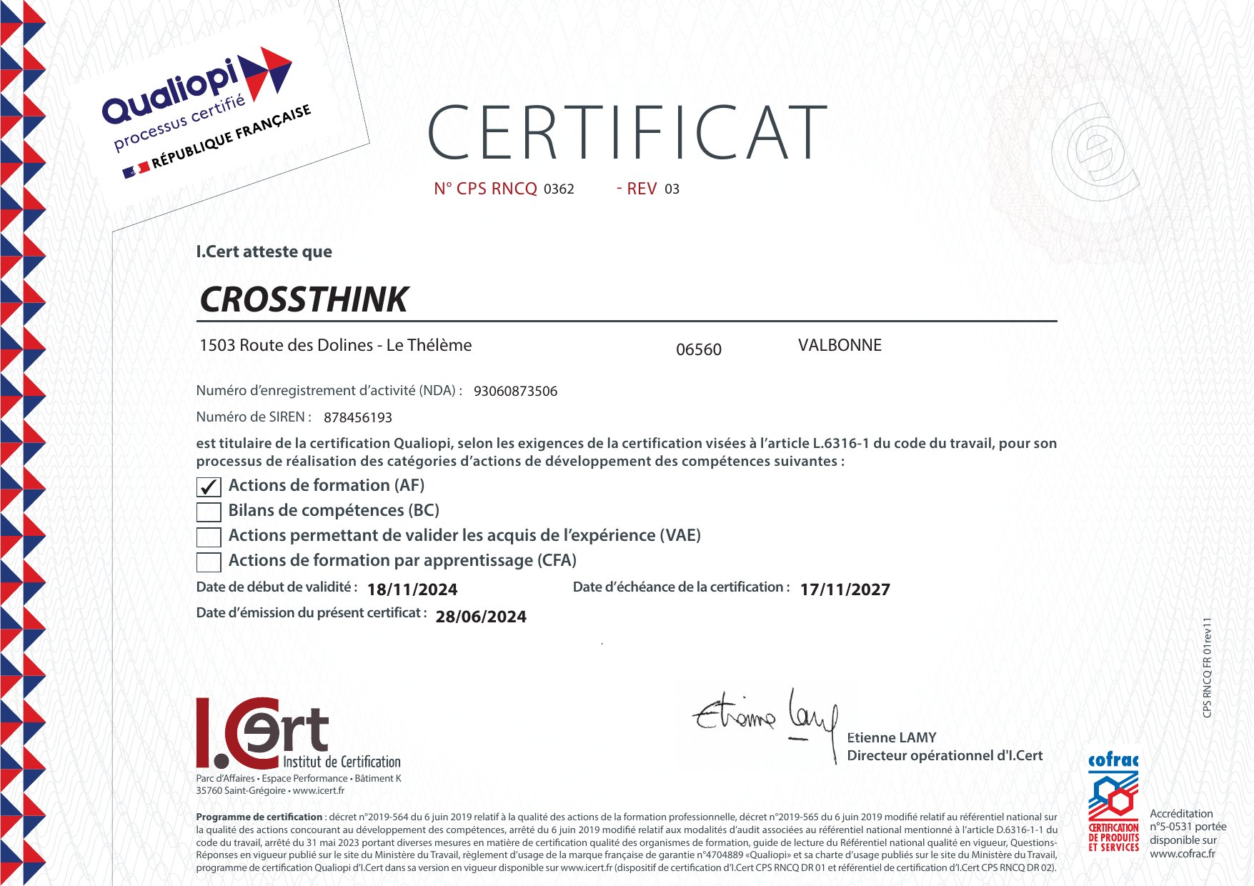Certificat Qualiopi Crossthink, CPS RNCQ 0362 — REV 03, délivré par I.Cert — Institut de Certification
